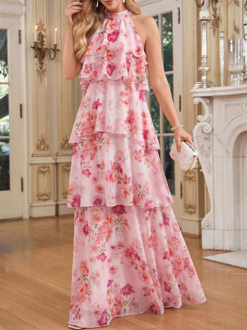 Multicolor Boho Women's Elegant Halter Neck Layered Ruffle Dress - Picture 3 of 5
